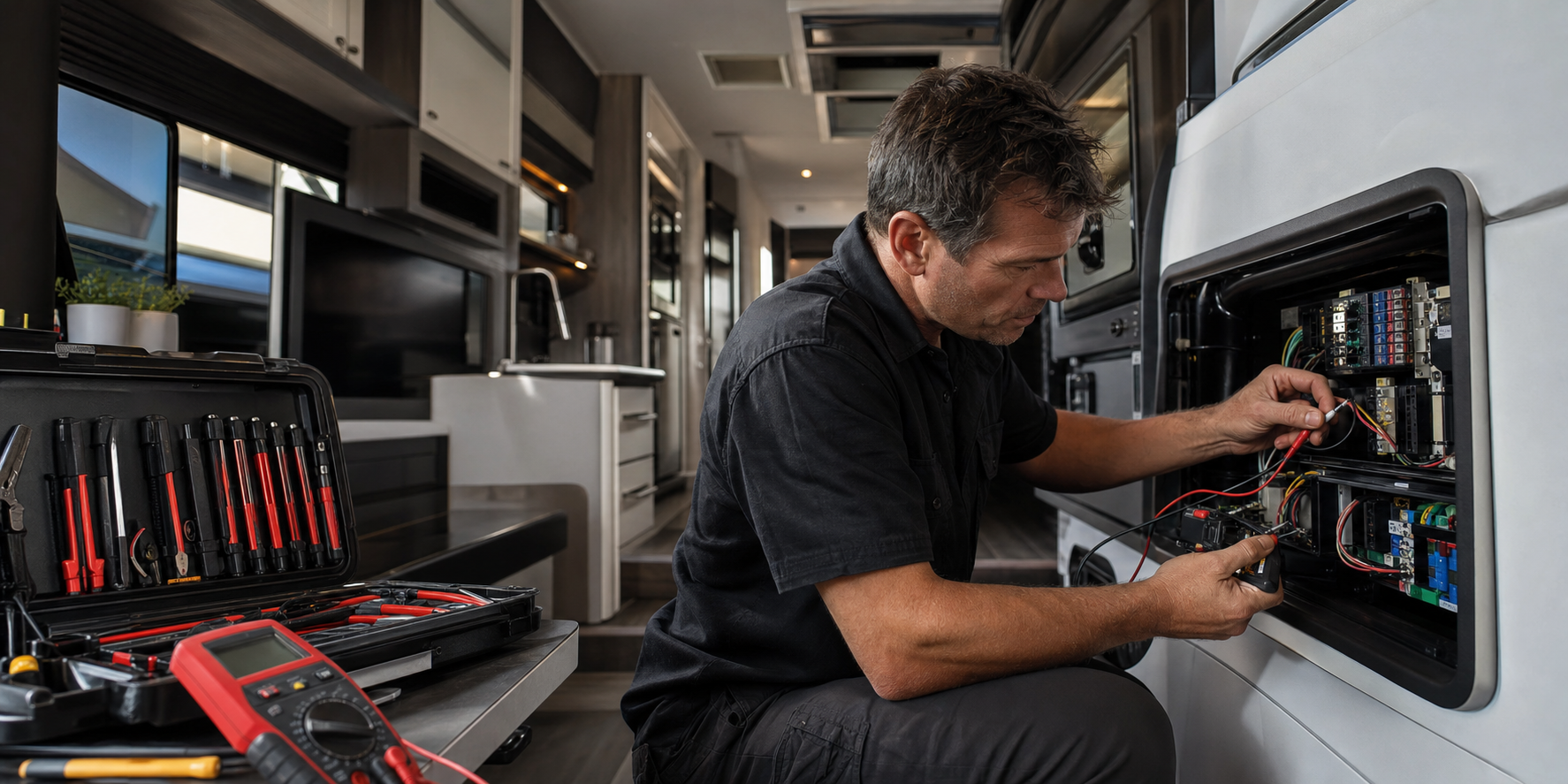 RV technician diagnosing an electrical system