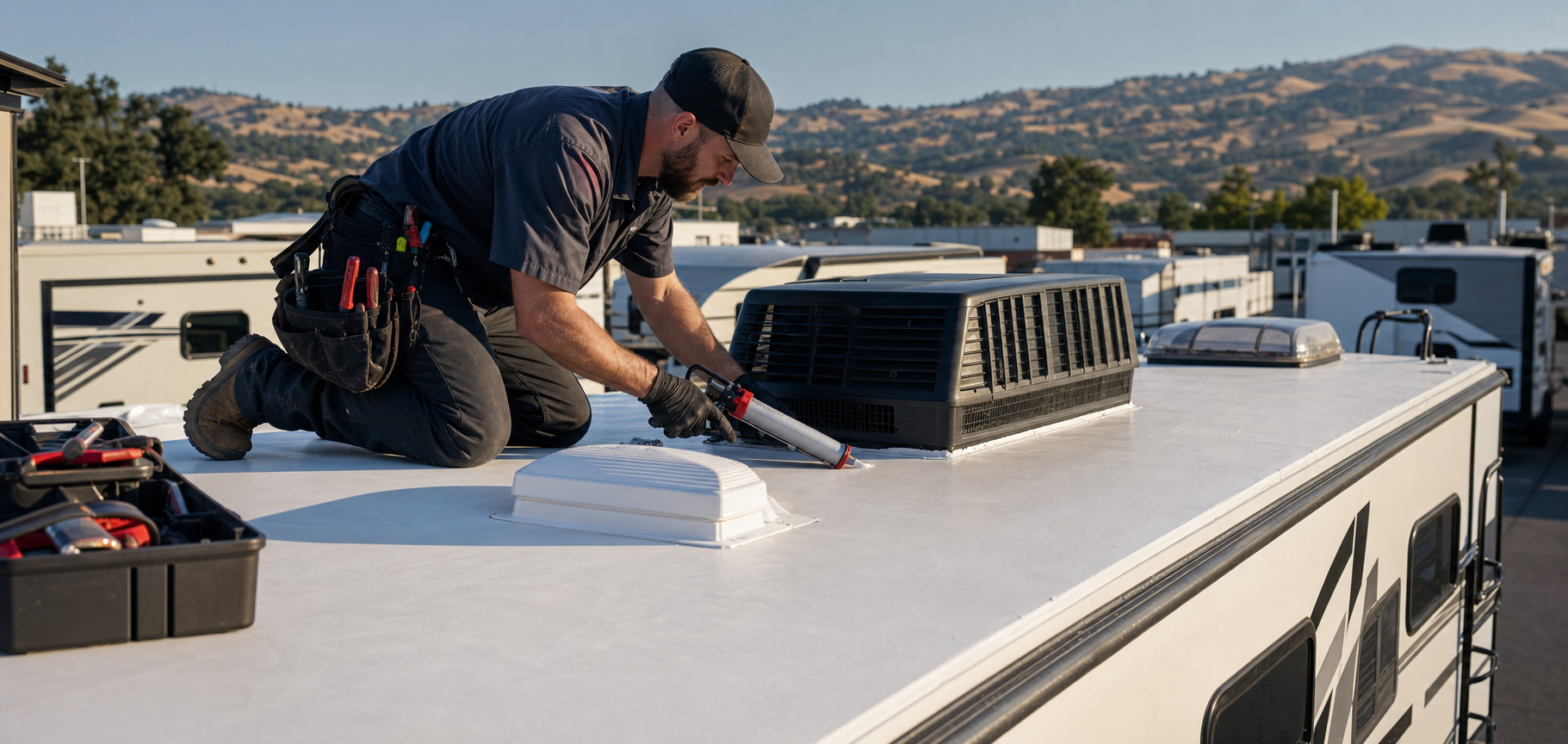 RV technician resealing a rooftop air-conditioning unit