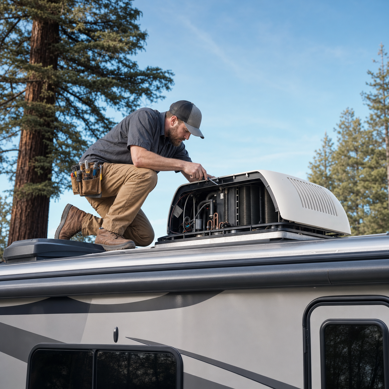 Abe completing a real RV awning repair at the customer coach